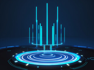 Futuristic blue digital platform with glowing elements. Abstract technology background for science fiction or modern concepts.