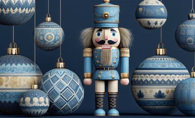 Nutcracker soldier surrounded by elegant blue and gold patterned Christmas ornaments hanging against deep navy background.