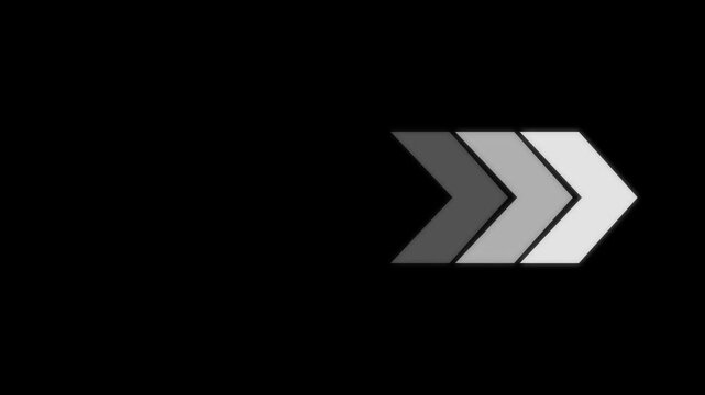 Swipe right directional left arrow sign. Set of bright light arrows pointing to the right. Flashing direction indicators. direction pointer to right against black background.  