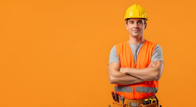 Confident Construction Worker in Hard Hat and Safety Vest on Orange Background