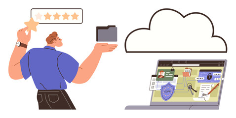 Person holding star and file, laptop showing security interface, floating cloud icon. Ideal for technology, cybersecurity, cloud storage, feedback, digital solutions, data protection teamwork