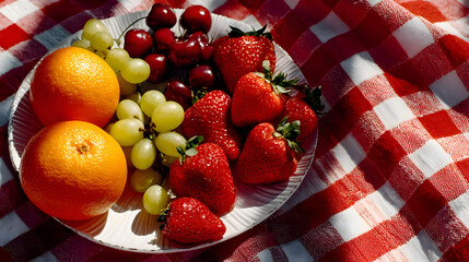 Summer Picnic Delight: Juicy Strawberries, Oranges, and Cherries on a Red Gingham Cloth