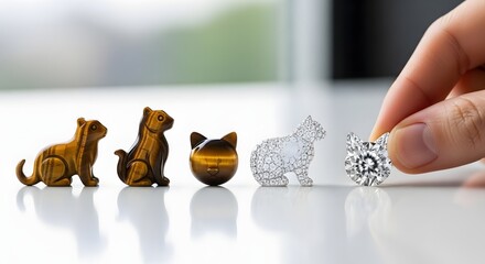 Conceptual image showing the evolution of a cat figurine from a natural tiger's eye stone to a sparkling diamond