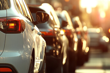 Urban car procession with dynamic blurred background and soft golden glow
