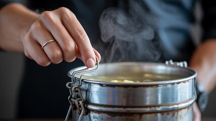 Close-Up of Tiffin Opening Moment, Person checks steaming food in metal pot