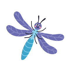 Cute dragonfly insect illustration, vector, simple, flat design for children's posters, books, backgrounds and  children's room decoration. Insect isolated on a white background