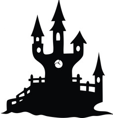 Eerie black silhouette of a spooky haunted castle with tall towers and a clock face on a white background