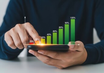 Person analyzing financial growth chart on smartphone with digital interface
