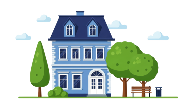 Isolated Blue House with Trees and Bench in Park