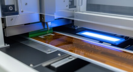 Side perspective of flexible circuit material advancing through photoresist coating and UV exposure steps in rolltoroll photolithography.
