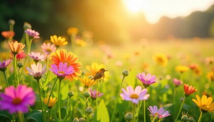 A vibrant sunlit field of wildflowers swaying gently in the breeze, embodying the feeling of carefree joy and serene contentment , summer, bright