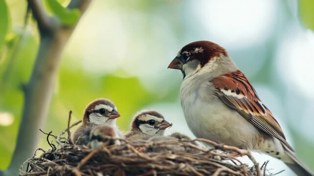 Sparrow Family in Nest: A heartwarming scene of a mother sparrow watching over her young ones in their cozy nest.