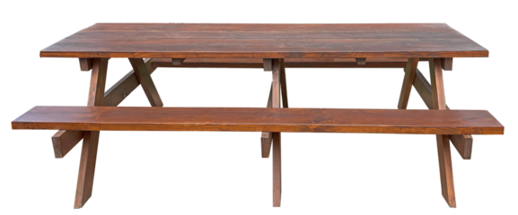 Wooden picnic table with long benches side view. Wood furniture for outdoor dining isolated. 