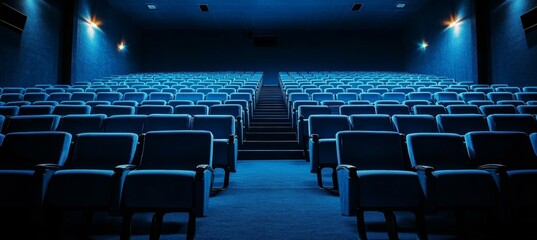 Naklejka premium An Empty, Tranquil Cinema Interior with Rows of Blue, Unoccupied Seats and Soft Blue Lighting