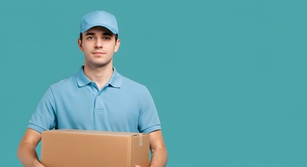 Delivery Man Holding Cardboard Box in Blue Uniform on Teal Background