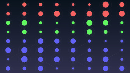 Data visualization featuring glowing red, green, and blue circular nodes connected by dotted lines on a dark background, representing a network.