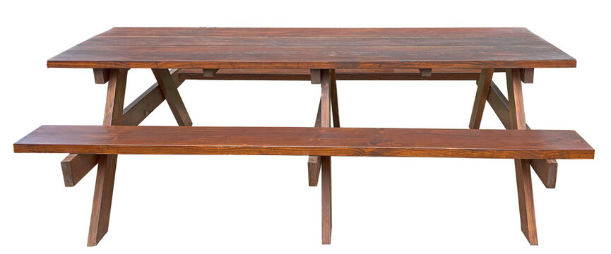 Wooden picnic table with long benches side view. Wood furniture for outdoor dining isolated. 