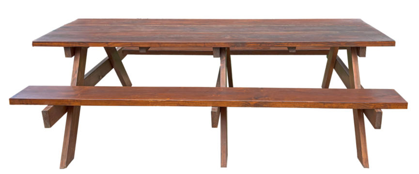 Wooden picnic table with long benches side view. Wood furniture for outdoor dining isolated. 