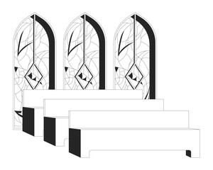 Empty church interior with stained glass outline illustration. Wooden pews and ornate windows. Catholic prayer room. Chapel benches 2D line scene isolated on white. Monochrome vector ink linear image
