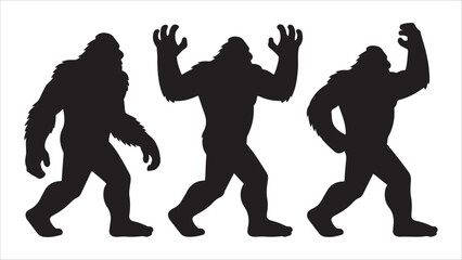 Three black silhouette illustrations of bigfoot walking in different poses on a white background