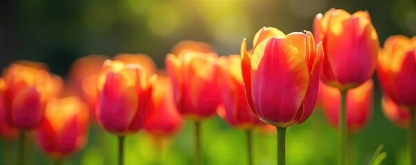 Fototapeta premium Close-up of vibrant tulips in a sunny garden, petals unfurling, signifying the blossoming of spring and a sense of peaceful relaxation , garden, beauty, daytime