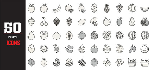 Fresh Fruits Icon Set – 50 Flat Line Symbols of Tropical and Seasonal Fruit Collection
