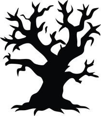 Silhouette of a gnarled spooky bare deciduous tree with twisted branches against a stark white background evoking a sense of mystery and the macabre
