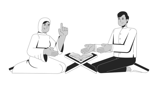 muslims reading quran together, black and white clip art preview