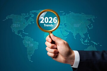 Businessman's hand holding a magnifying glass focusing on 2026 trends over a digital world map.
