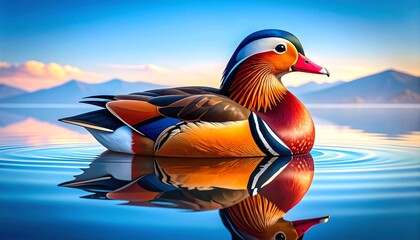 Vibrant duck on serene lake