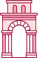 Stylized illustration of a classical roman triumphal arch with distinctive pink and red tones