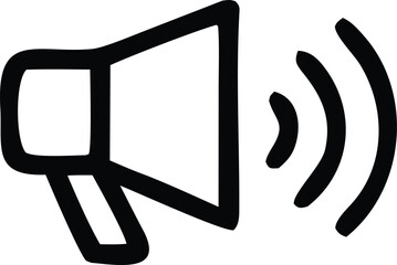 Hand drawn black and white icon of a megaphone emitting sound waves symbolizing announcements and public speaking