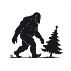 Fototapeta premium A black and white drawing of Bigfoot walking next to a Christmas tree