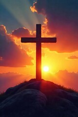 A symbolic depiction of Christian salvation; a cross silhouetted against a sunrise, representing hope, redemption, and new beginnings ,  rebirth,  spiritual