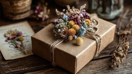 Rustic Kraft Paper Gift Box with Twine and Dried Flowers. High quality