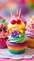 A vibrant assortment of delicious cupcakes with colorful swirled frosting and sweet decorative toppings, ready for a festive celebration.