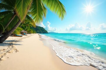 Obraz premium Sun-drenched sand, turquoise waves gently lapping the shore, a perfect postcard scene of tropical beach paradise Ideal for travel, vacation, and summer themes , shoreline, sun