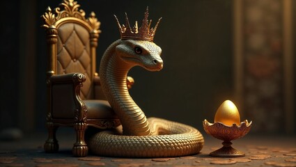 A golden snake with a crown, sitting on the floor next to a golden throne. To the right of the snake is a golden egg in a golden bowl. The entire scene is done in gold and brown tones.