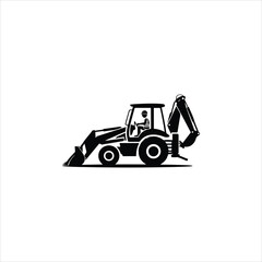 Naklejka premium Black silhouette of a backhoe loader with a driver wearing a hard hat construction vehicle heavy equipment