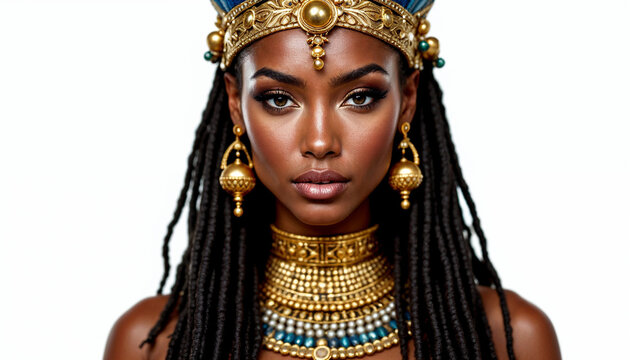 Close-up of ancient Egyptian queen in gold jewelry and royal attire.
