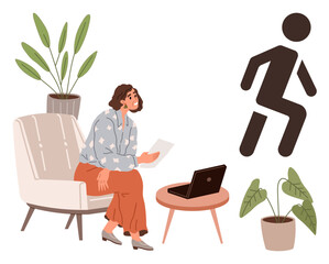 Woman seated in armchair with laptop and paper, surrounded by plants and observing abstract figure. Ideal for work, creativity, remote job, productivity, introspection, mental health, simple flat