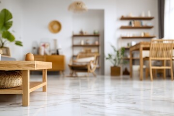 Modern, airy living room with light, wooden furniture and marble flooring