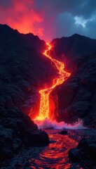 Fototapeta premium Majestic lava flow cascading down a volcanic slope in Hawaii, glowing red hot against the night sky Witness the raw power and beauty of nature's fiery spectacle , darkness, slope, heat
