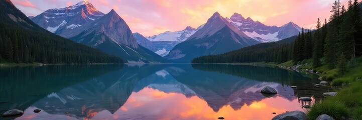 Majestic Canadian Rockies reflecting in a pristine alpine lake at sunrise  The untouched beauty of nature showcases Canada's wild landscape ,  breathtaking,  shadows,  Canadian wilderness