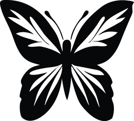Elegant black silhouette of a butterfly with intricate white wing patterns on a white background