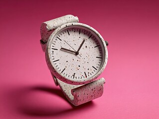 White Speckled Wristwatch on Pink Background. High quality