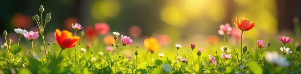 Obraz premium Vibrant wildflowers burst forth from a lush, green spring meadow, bathed in the warm sunlight of a beautiful spring day A stunning display of nature's renewal , bloom, vibrant, bright