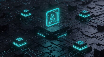 Glowing AI symbol at the center of a futuristic digital network