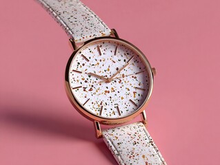 White Speckled Wristwatch on Pink Background. High quality