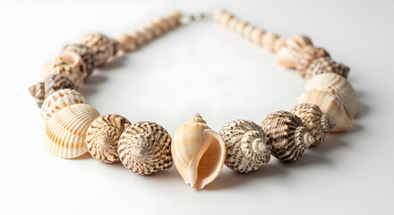 Handcrafted Seashell Necklace with Various Mollusk Shells on White Background